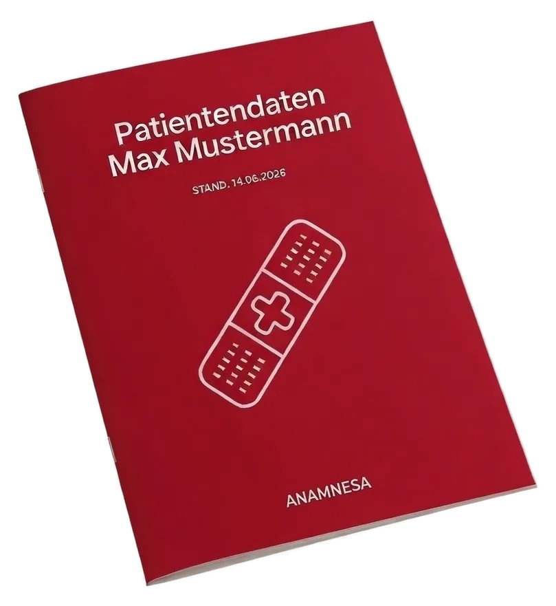 Rote Anamnesa-Patientenmappe mit Pflaster-Symbol, Musterbeispiel für Patientendaten